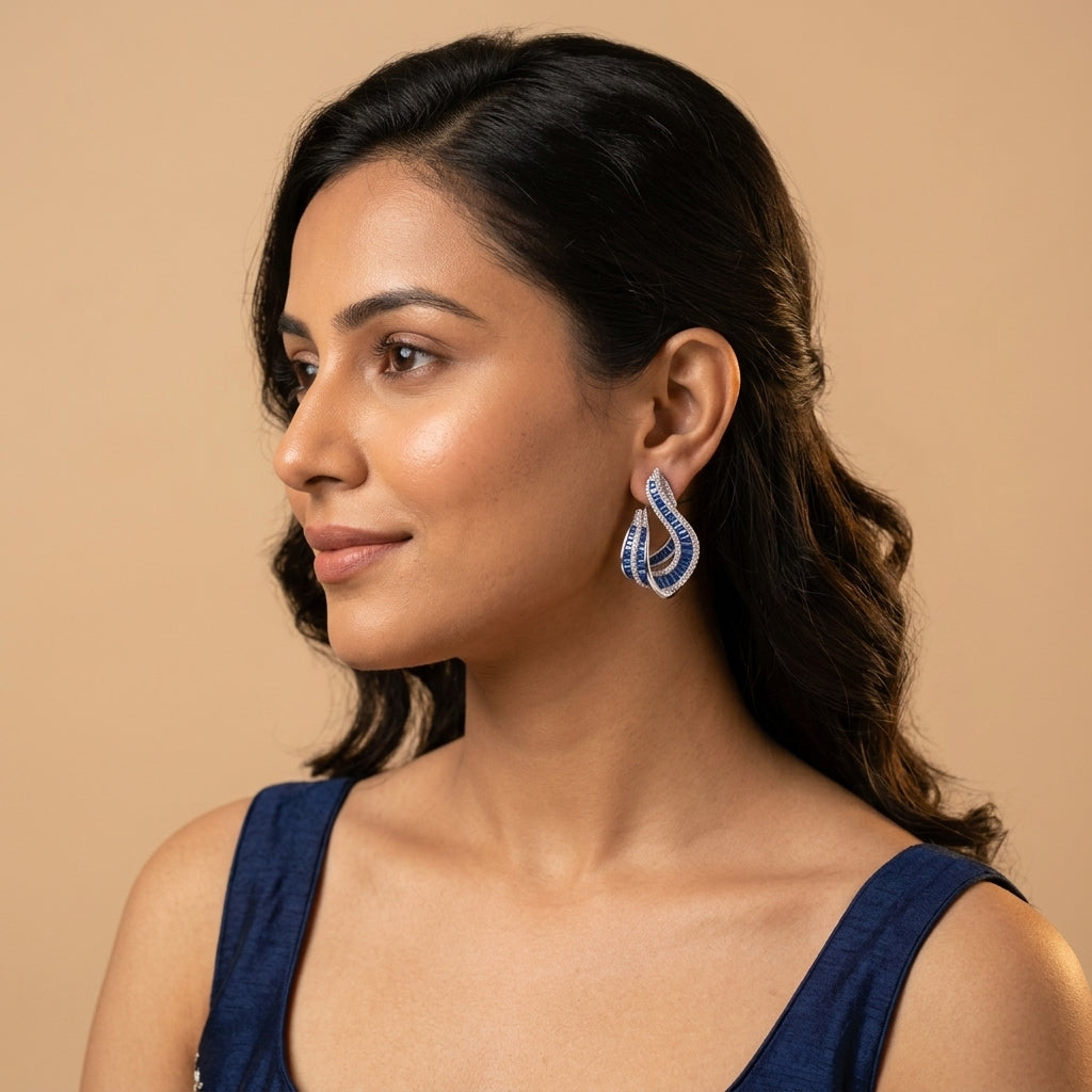 Blue Wavy Geometric Earrings - Model