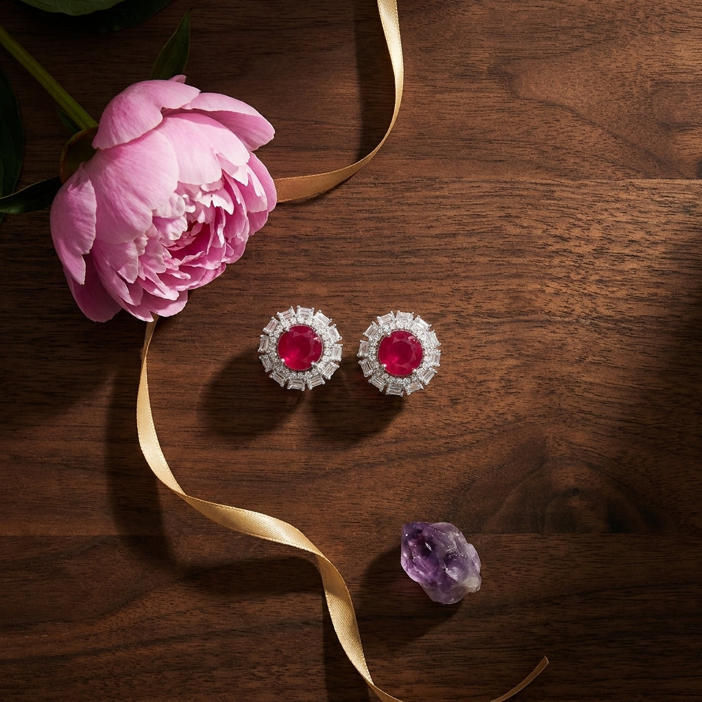 Ruby Red Floral Halo Earrings - Tabletop