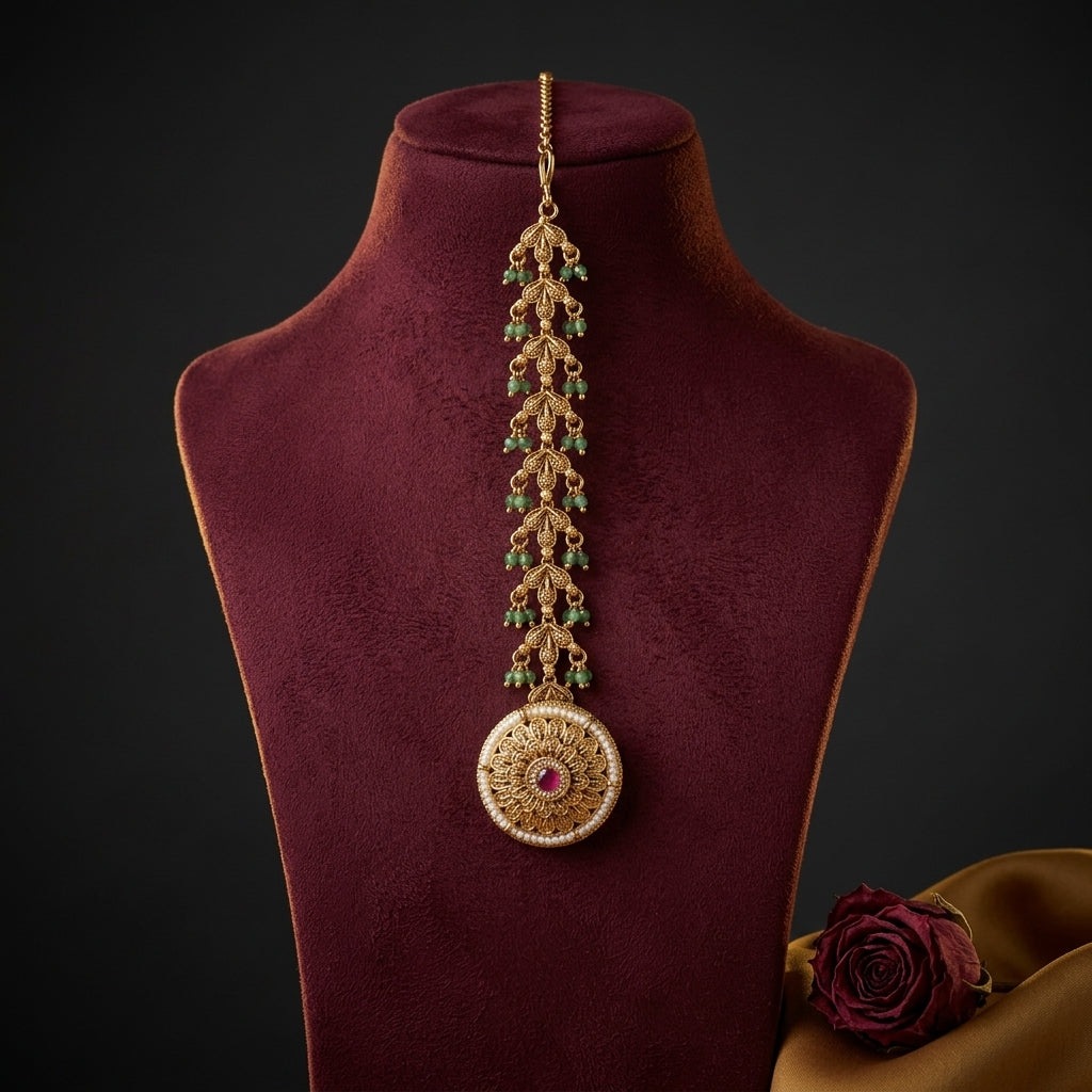 Ruby Green Floral Filigree Maang Tikka - Mannequin