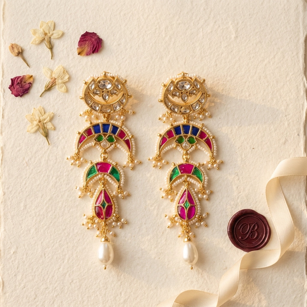 Multi Tiered Meenakari Crescent Earrings - Tabletop