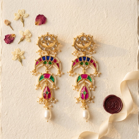 Multi Tiered Meenakari Crescent Earrings - Tabletop