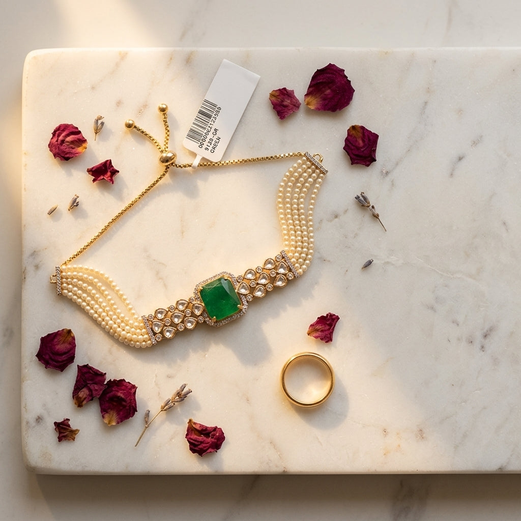 Green Emerald Cut Kundan Bracelet - Tabletop