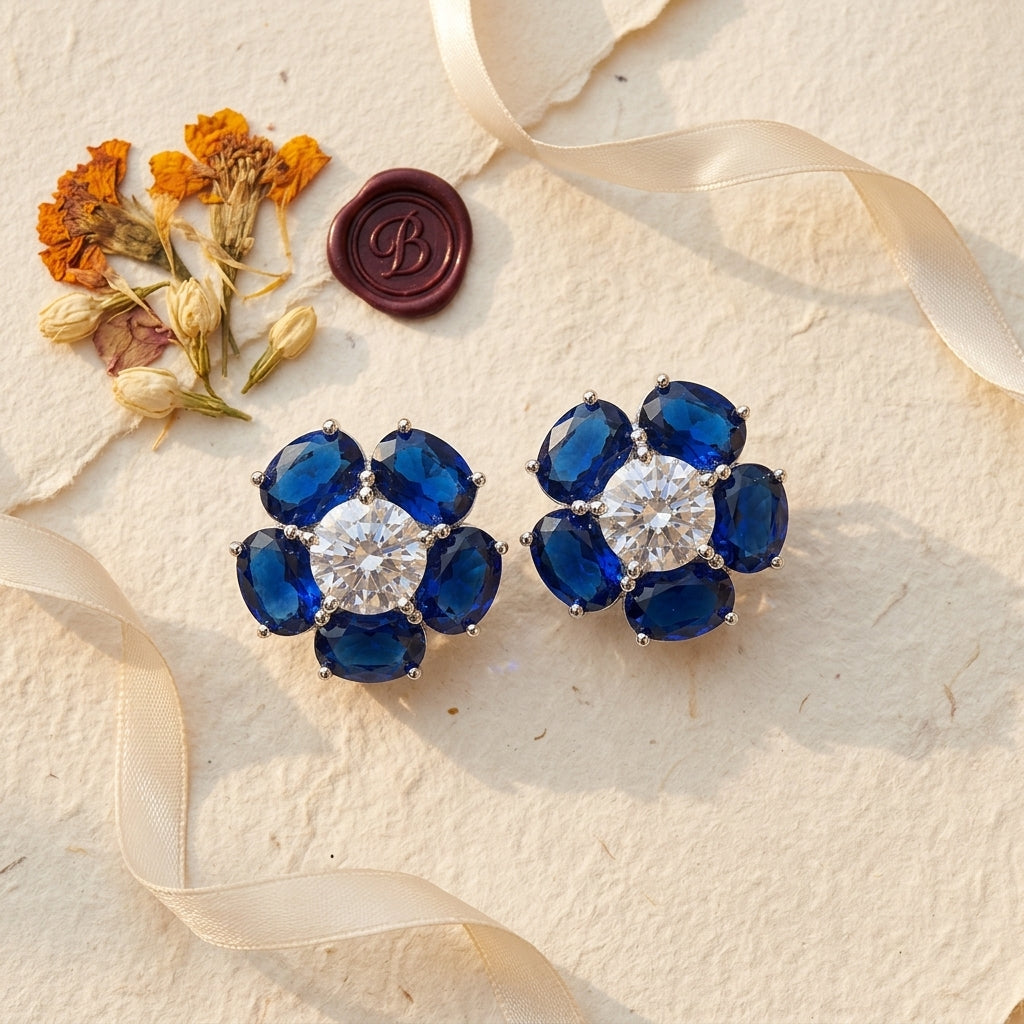 Blue and Clear Floral Cluster Earrings - Tabletop