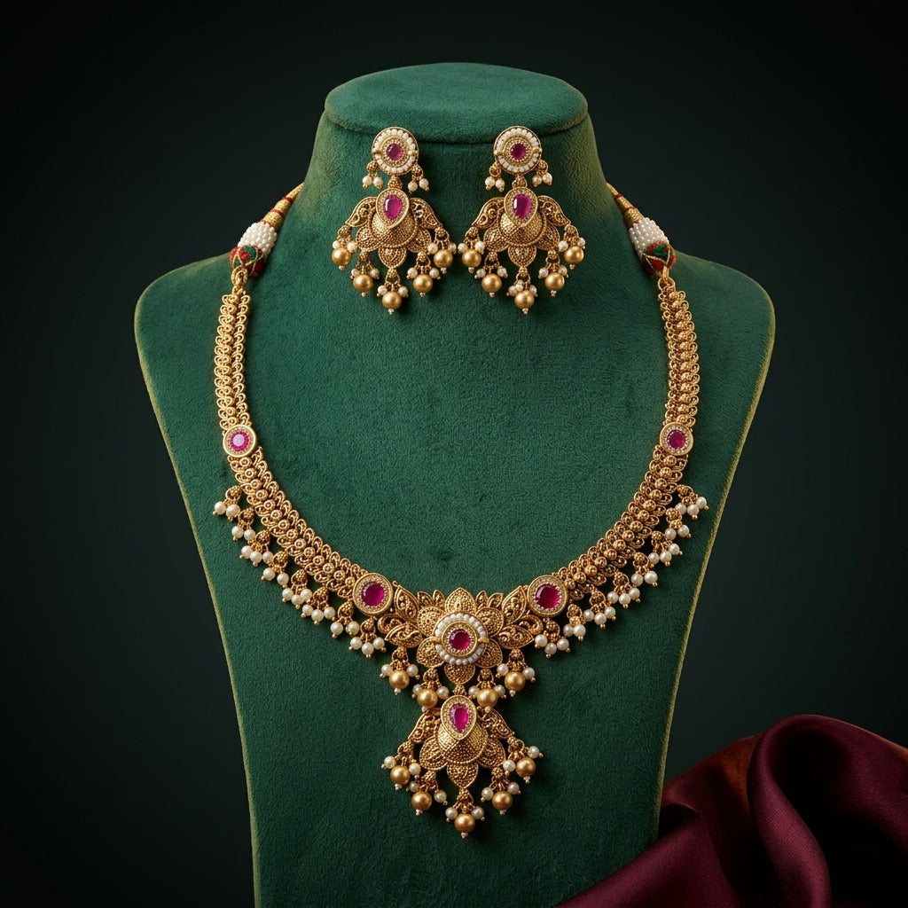 Ruby Floral Carved Necklace Set - Mannequin