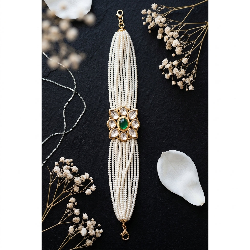 Green White Floral Kundan Bracelet - Tabletop