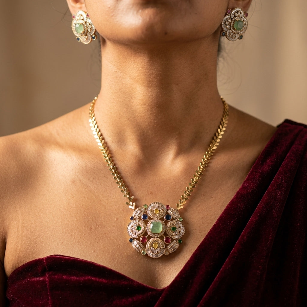 Multi Floral Cluster Necklace Set - Model