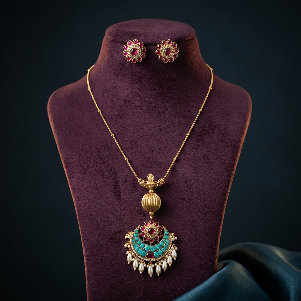 Multi Temple Floral Crescent Necklace Set - Mannequin