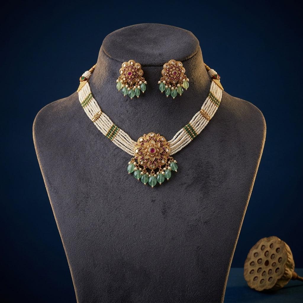 Ruby Green Floral Kundan Necklace Set - Mannequin