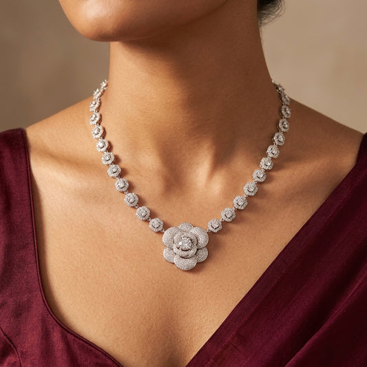 White Pave Floral Necklace Set - Model