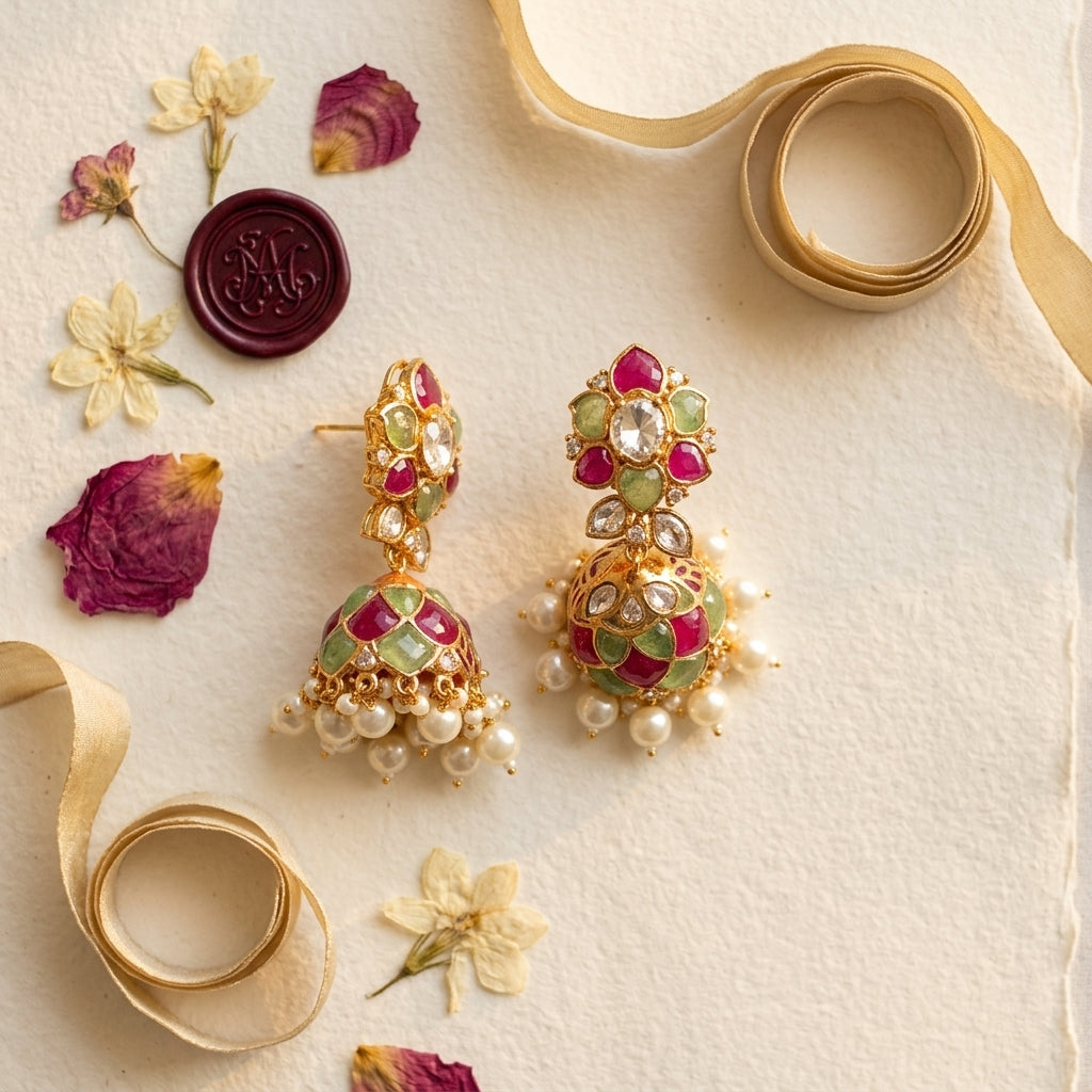 Multi Floral Jhumka Earrings - Tabletop