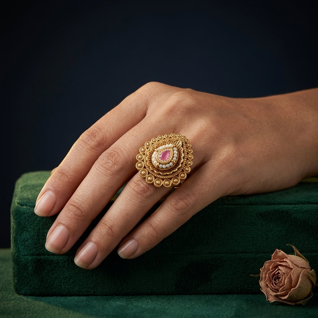 Pink Ornate Teardrop Ring - Mannequin