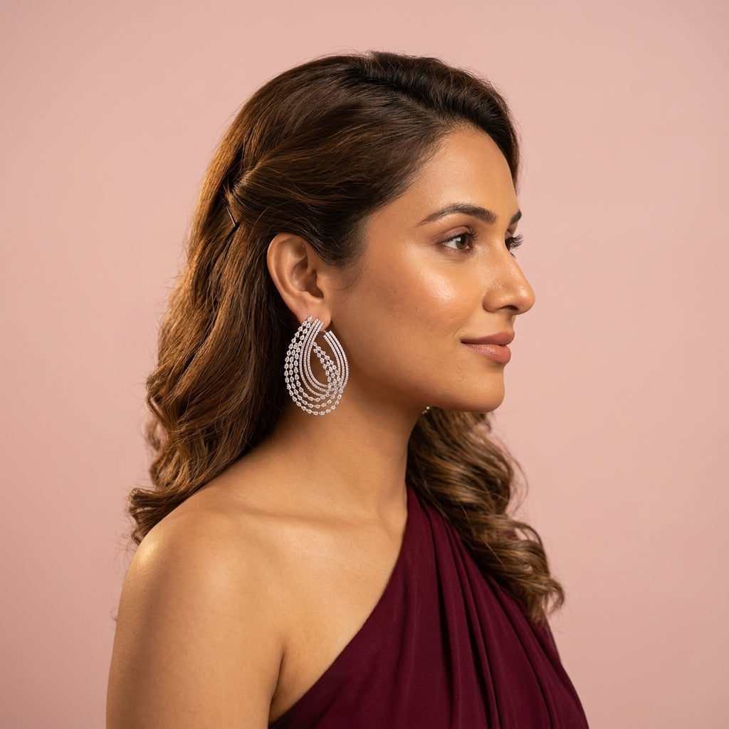 White Layered Teardrop Earrings - Model
