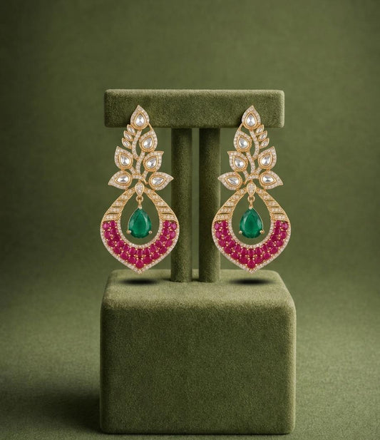 Ruby Green Heritage Kundan Earrings - Model