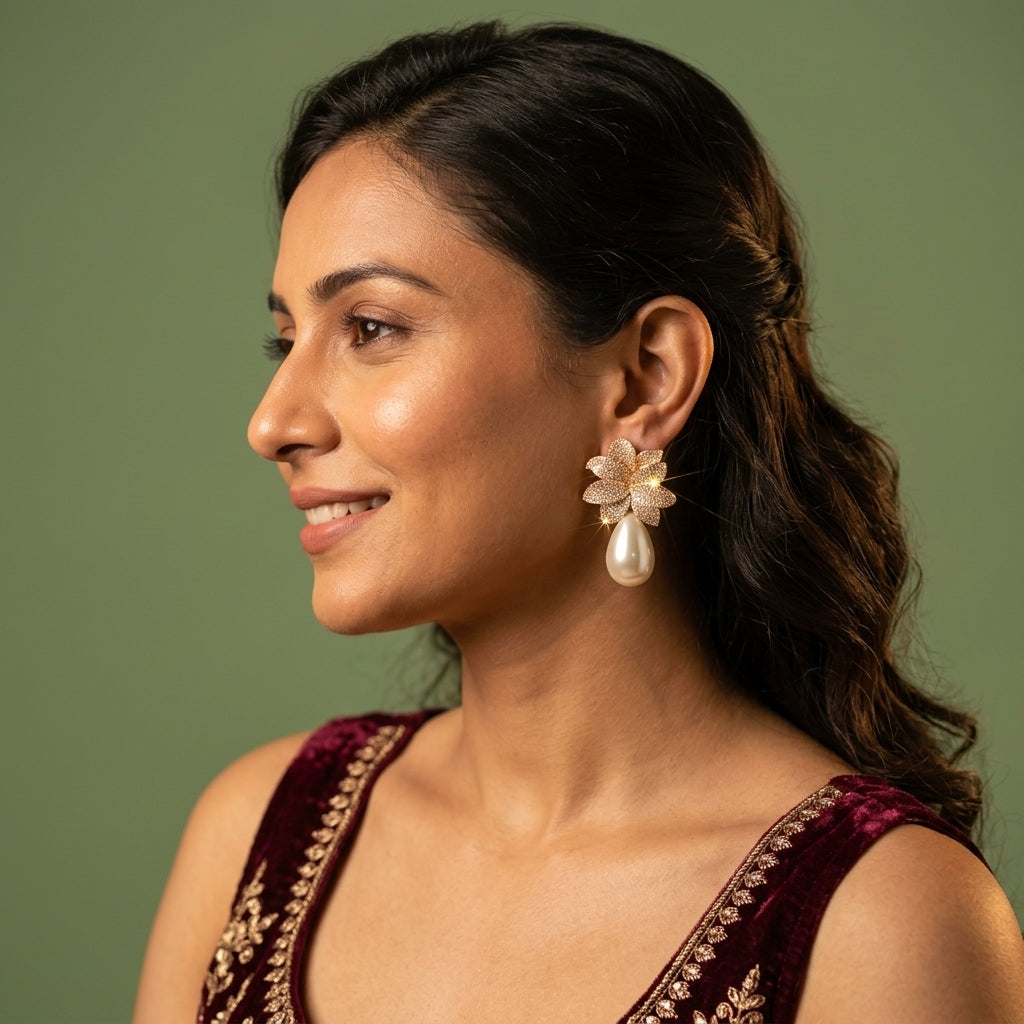 White Floral Drop Earrings - Model