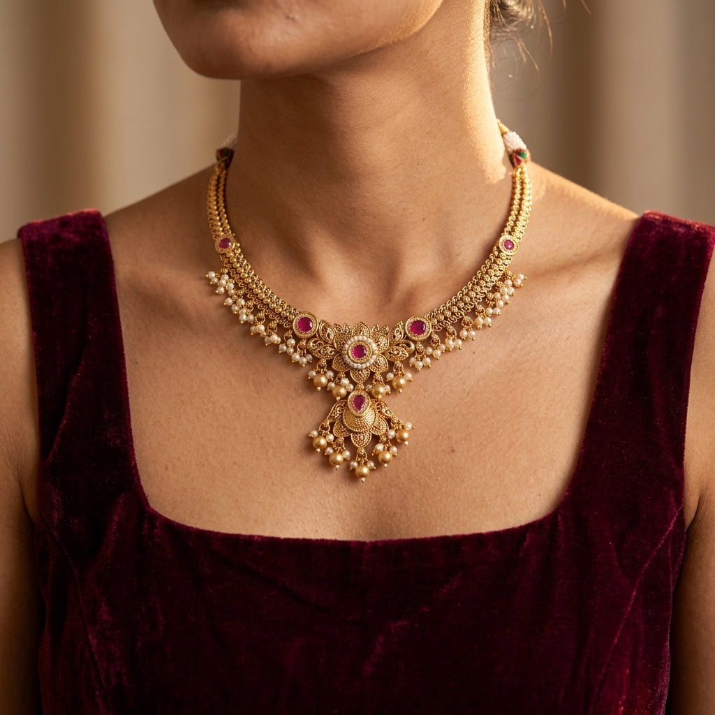 Ruby Floral Carved Necklace Set - Model