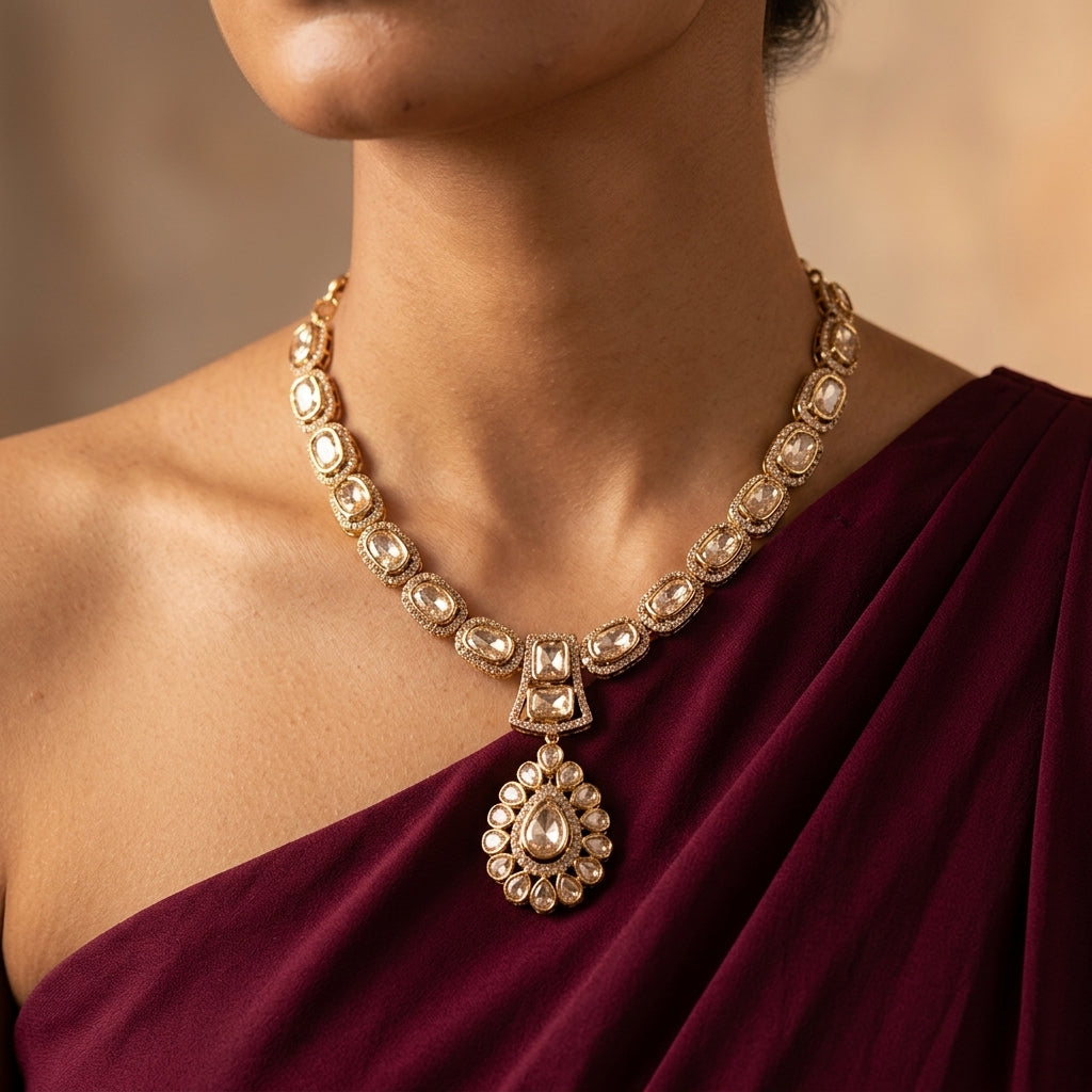 Off-White Uncut Stone Cluster Necklace Set - Model