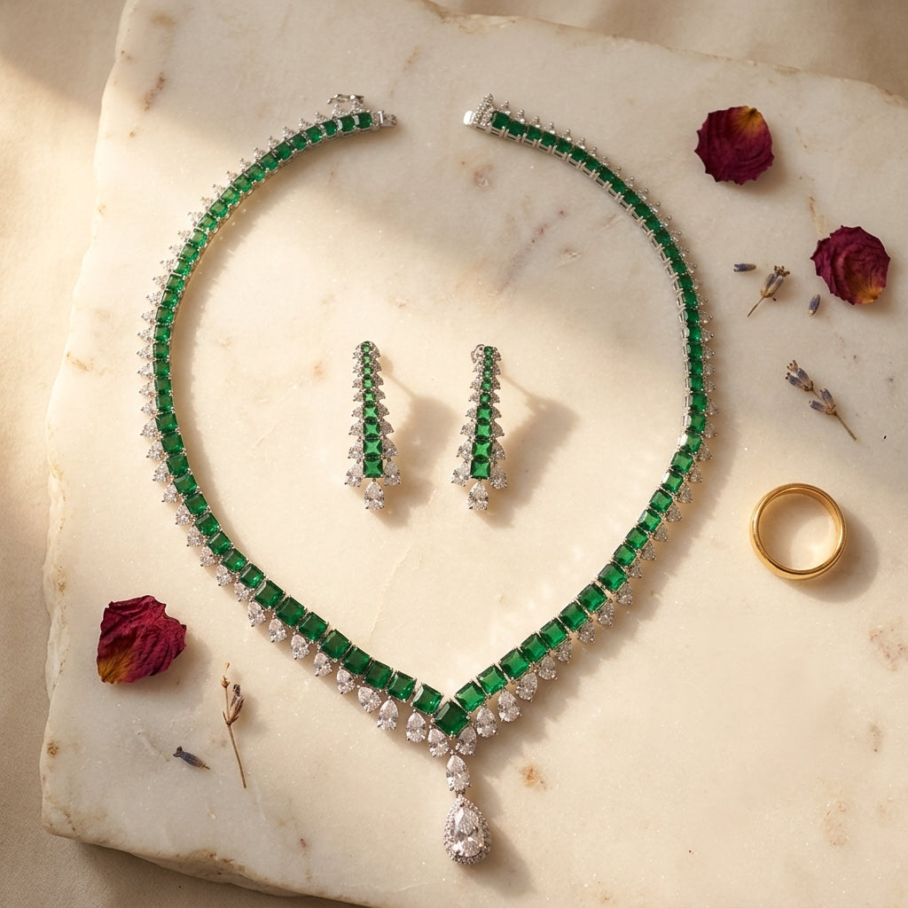 Green Emerald-cut Drop Necklace Set - Tabletop