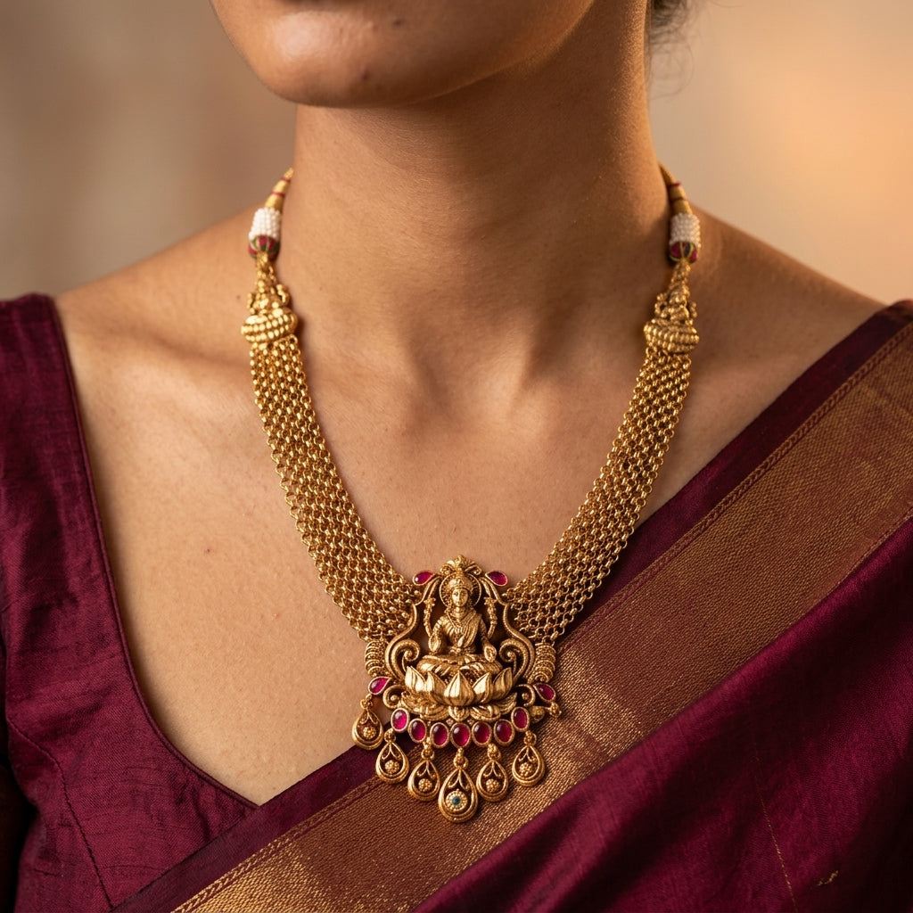 Ruby and Green Temple Lakshmi Lotus Necklace Set - Model