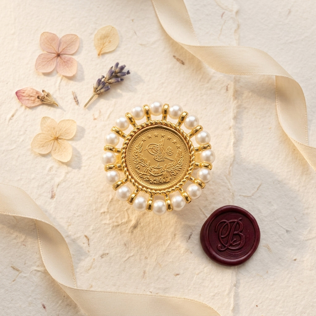White Imperial Coin Pearl Halo Ring - Tabletop