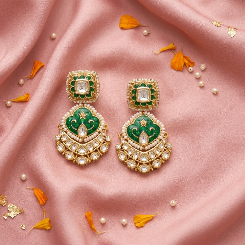 Green White Kidia Kundan Earrings - Tabletop