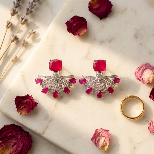 Ruby Geometric Fan Cluster Earrings - Tabletop