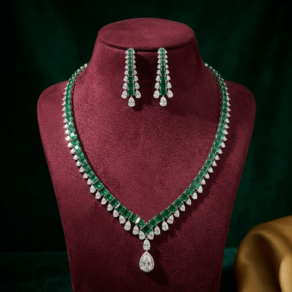 Green Emerald-cut Drop Necklace Set - Mannequin