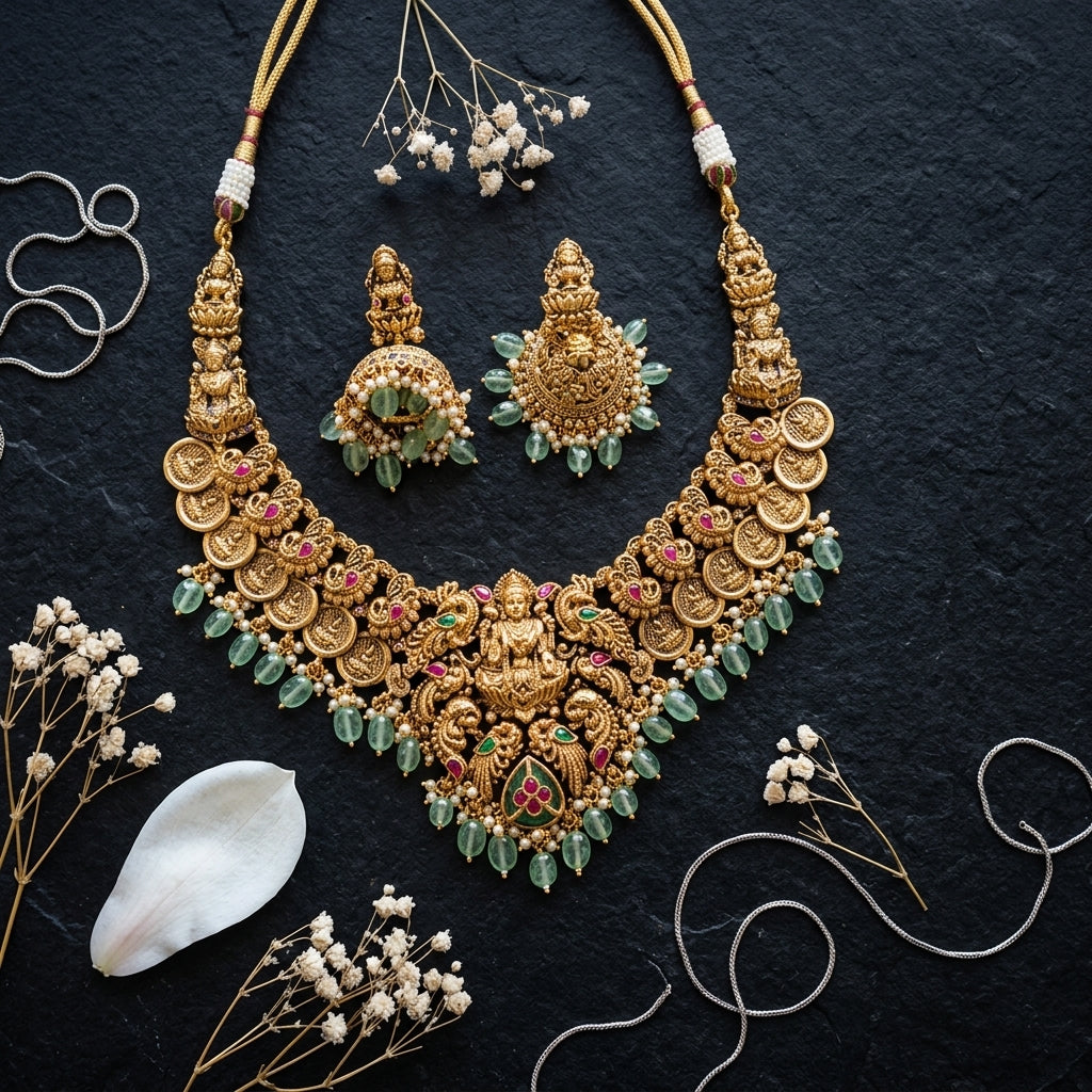 Multi Temple Coin Peacock Necklace Set - Tabletop