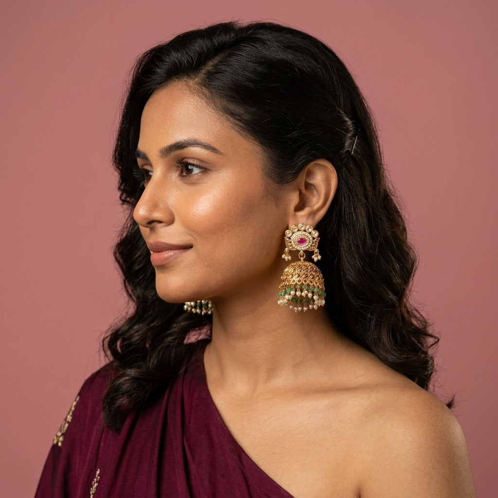 Ruby Embossed Leaf Jhumka Pair - Model