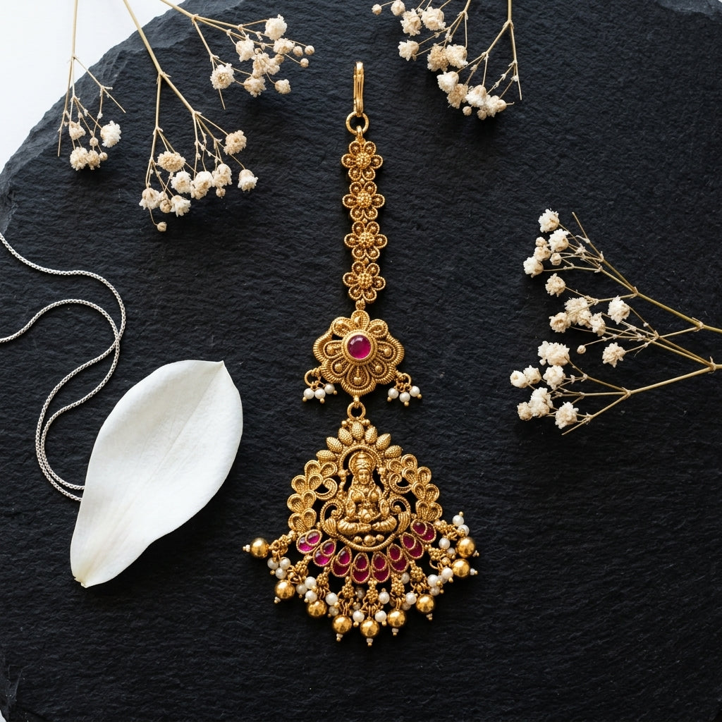 Ruby Temple Floral Maang Tikka - Tabletop
