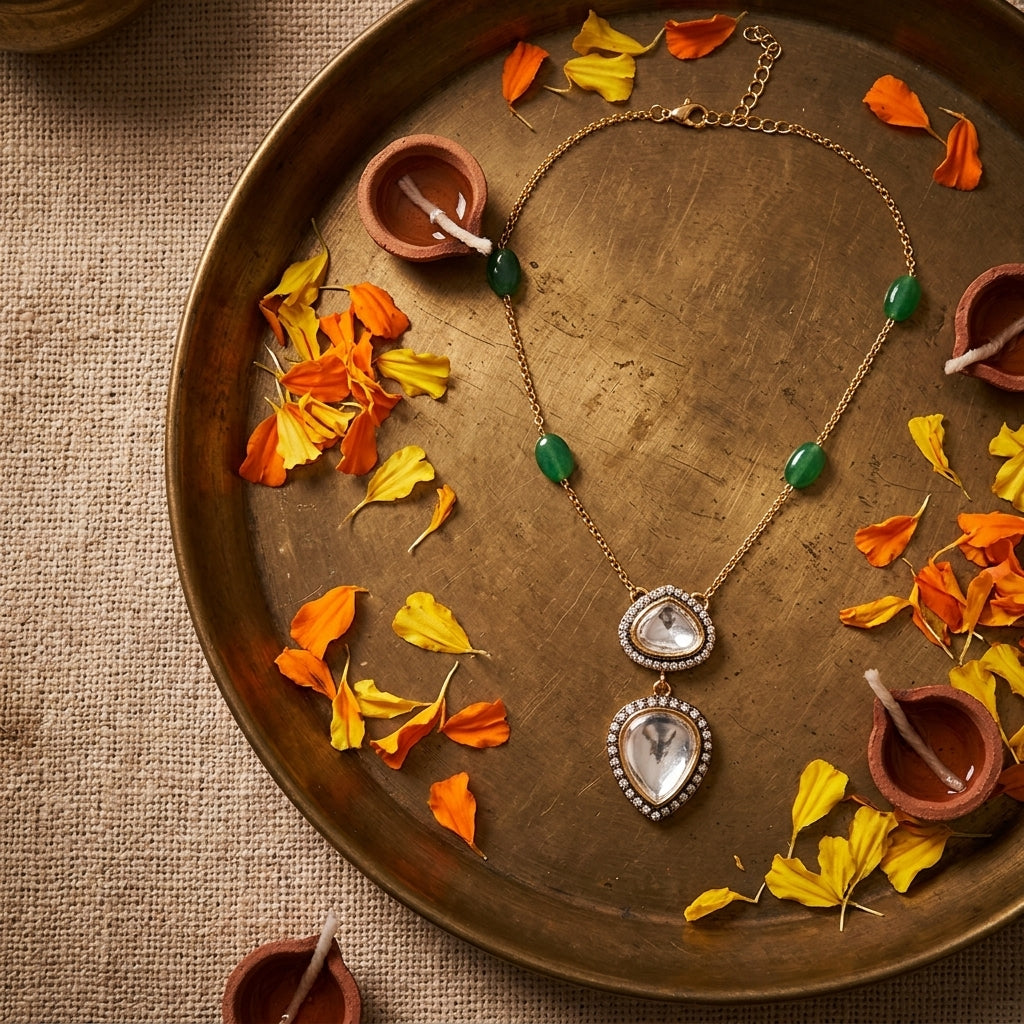Green Bandhai Polki Necklace Set - Tabletop
