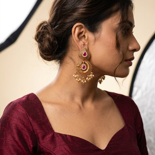 Ruby Scrollwork Tear-drop Earrings - Model