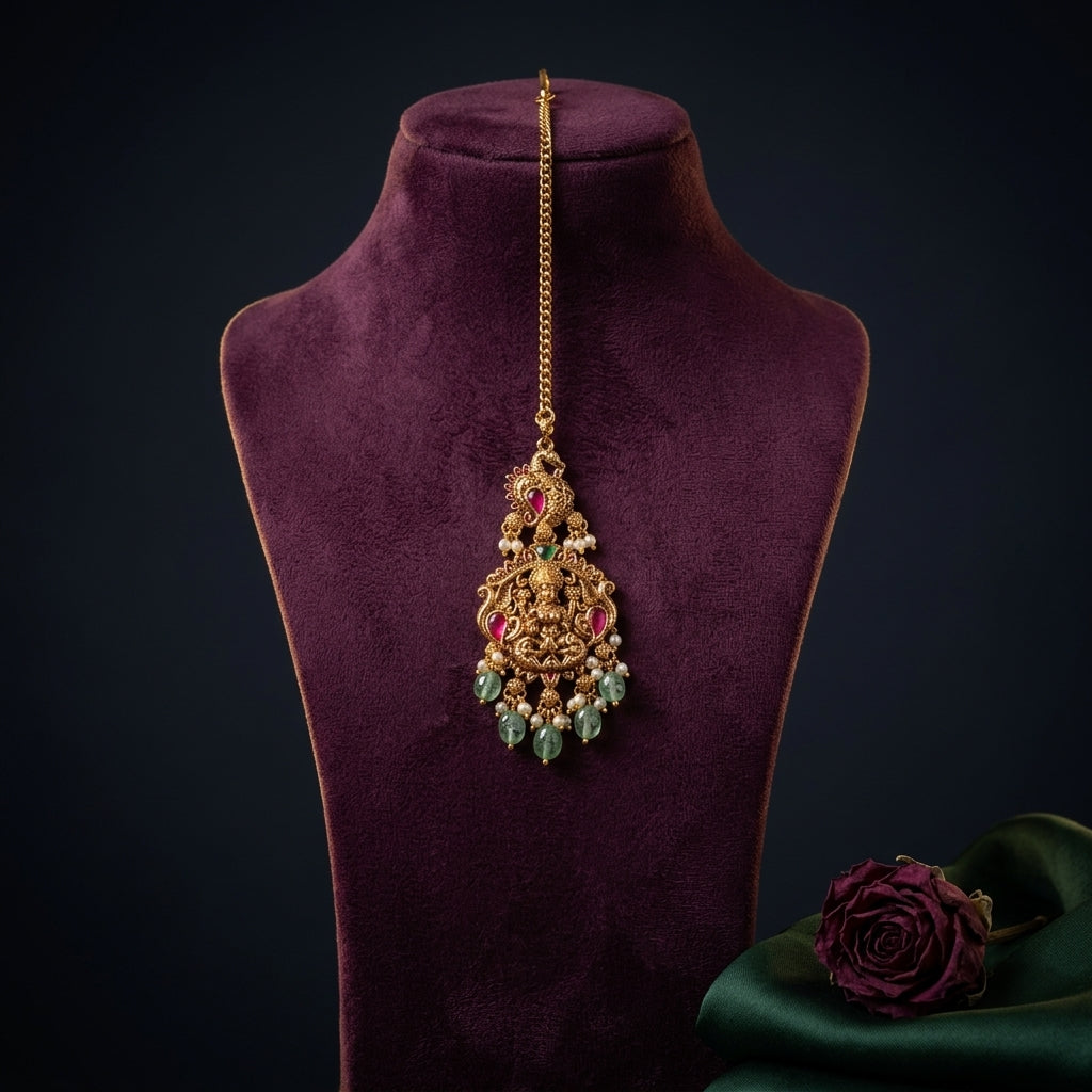 Ruby and Green Temple Peacock Maang Tikka - Mannequin