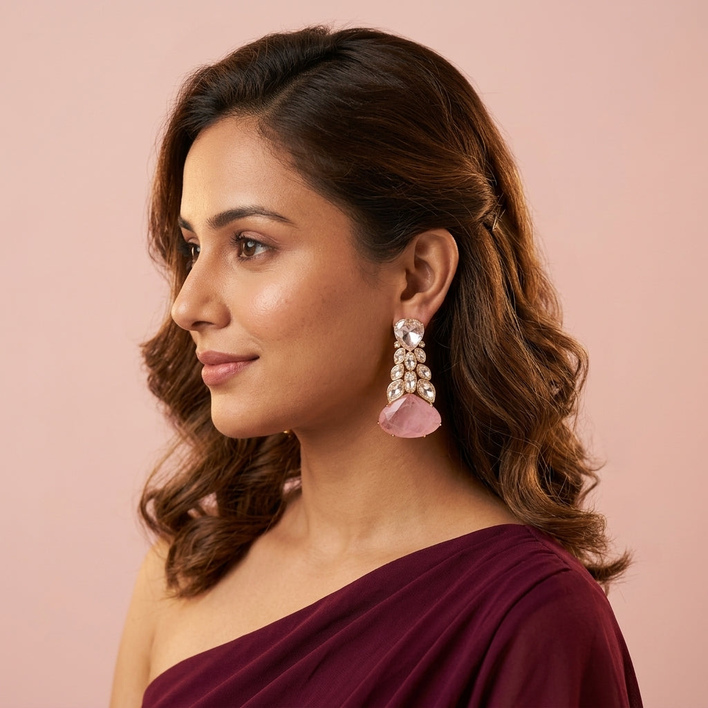 Pink Cascading Stone Drop Earrings - Model