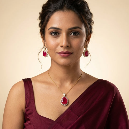 Red Faceted Teardrop Cluster Pendant Set - Model