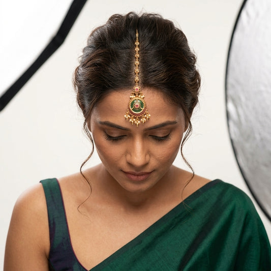 Green Floral Carved Maang Tikka - Model