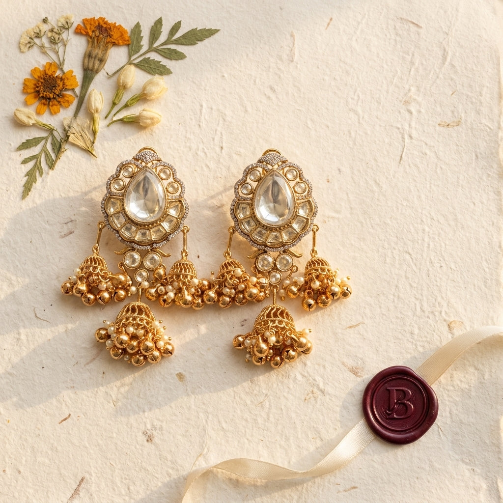 White Rajwadi Jhumka Pair - Tabletop