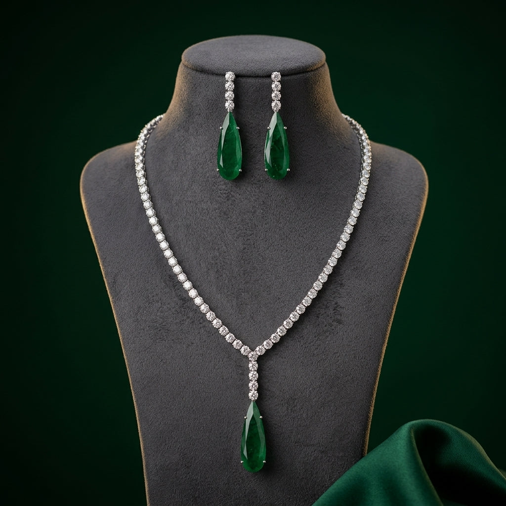 Green and Clear Teardrop Line Necklace Set - Mannequin
