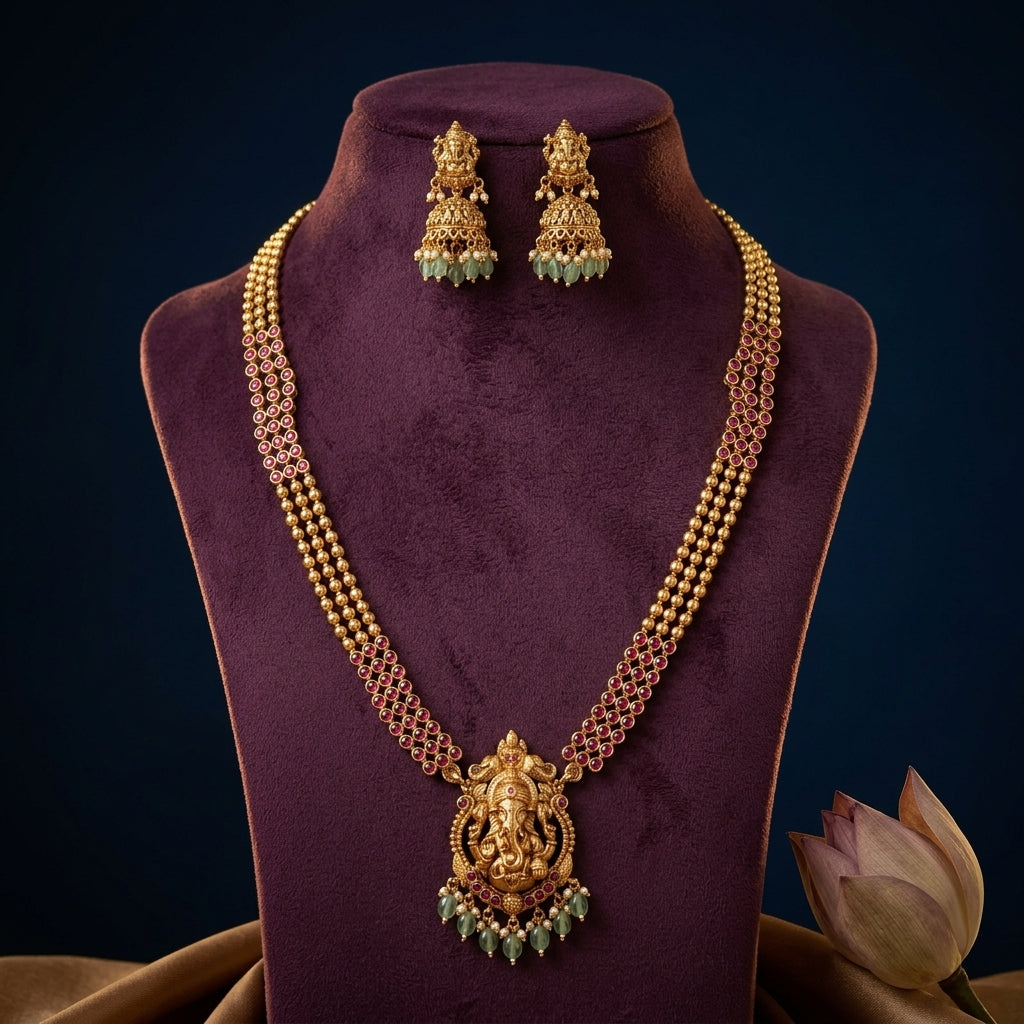 Ruby Ganesha Temple Necklace Set - Mannequin