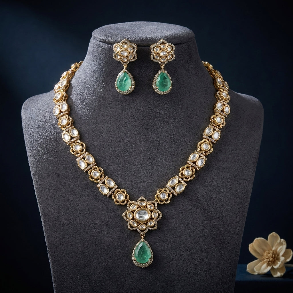 Green Floral Polki Necklace Set - Mannequin