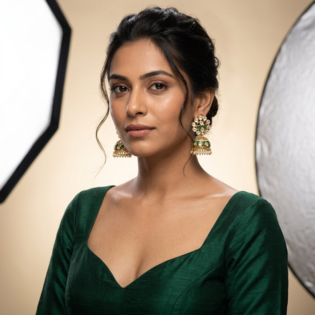 Green Heritage Kundan Jhumka - Model
