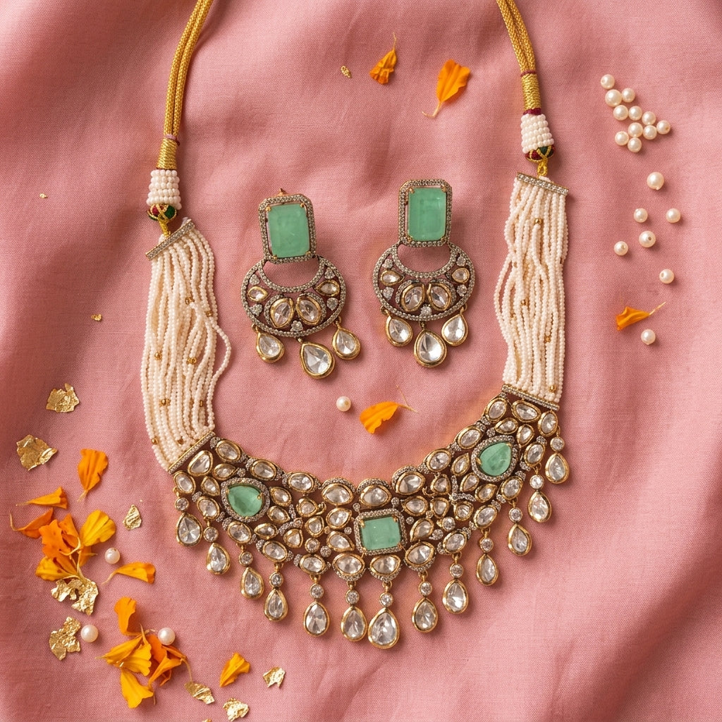Mint White Kundan Cluster Choker Set - Tabletop
