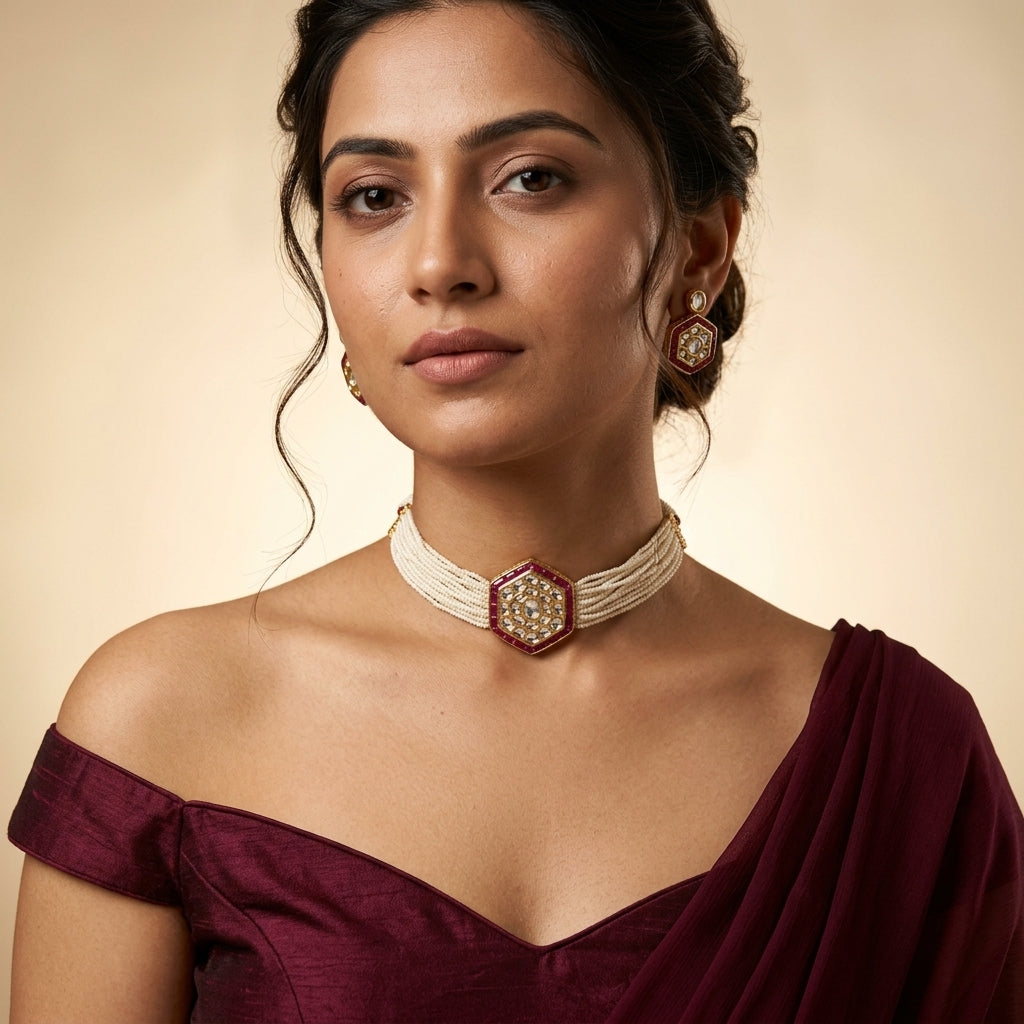 Ruby Red Heritage Kundan Choker Set - Model