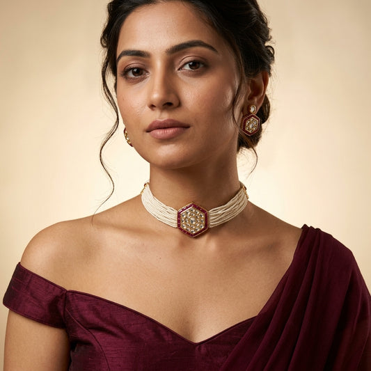 Ruby Red Heritage Kundan Choker Set - Model