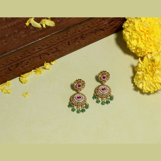 Antique Gold Ruby & Green Beaded Floral Drop Earrings