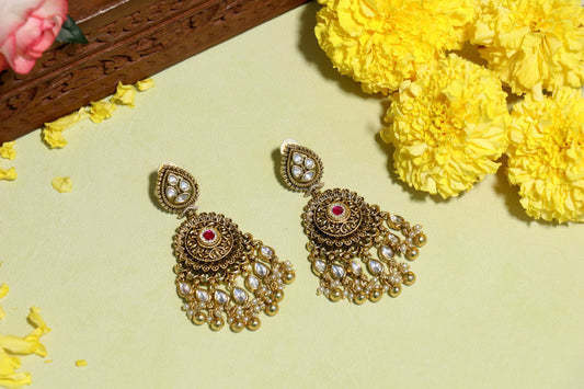 Antique Gold Ruby & Pearl Cluster Chandbali Earrings