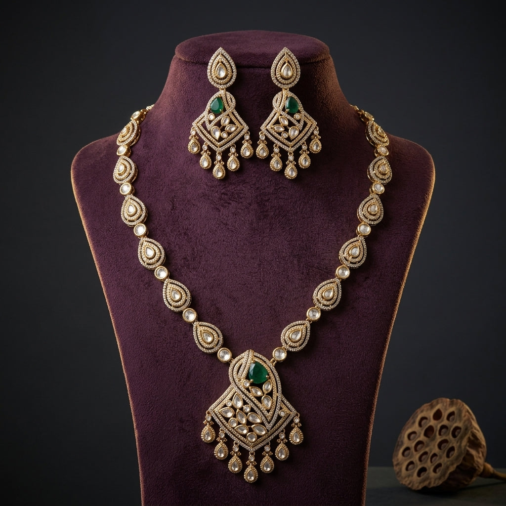 Green White Victorian Teardrop Necklace Set - Mannequin
