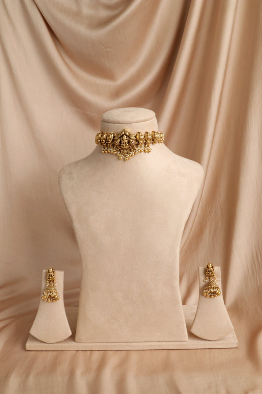 Antique Gold Lakshmi Temple Choker Set with Jhumka Earrings