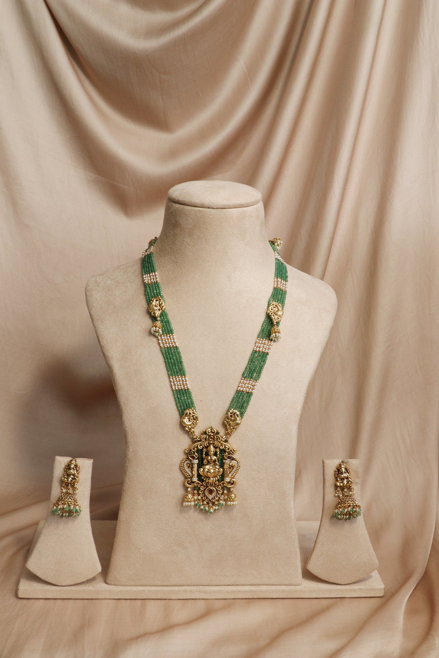 Antique Gold Lakshmi Temple Long Necklace Set, Green Jhumkas