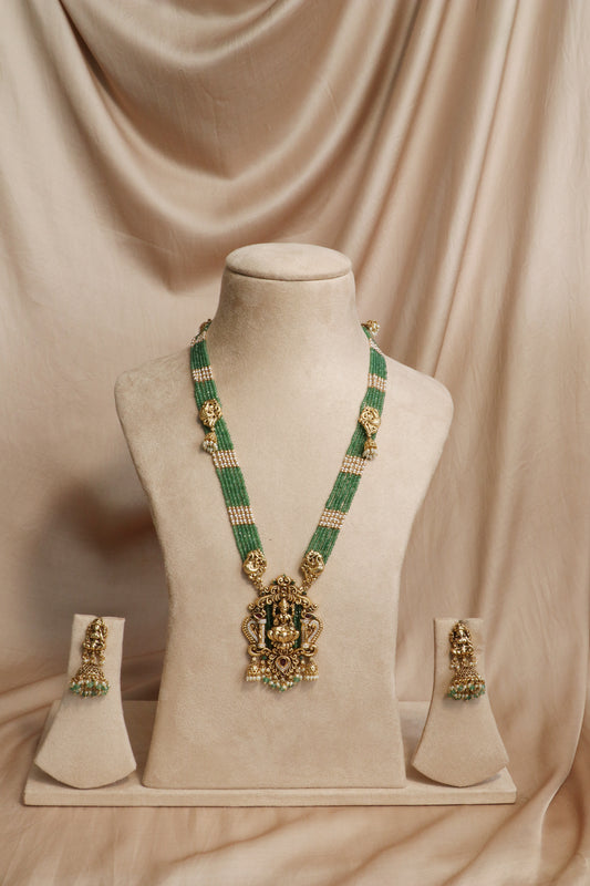 Antique Gold Lakshmi Temple Long Necklace Set, Green Jhumkas