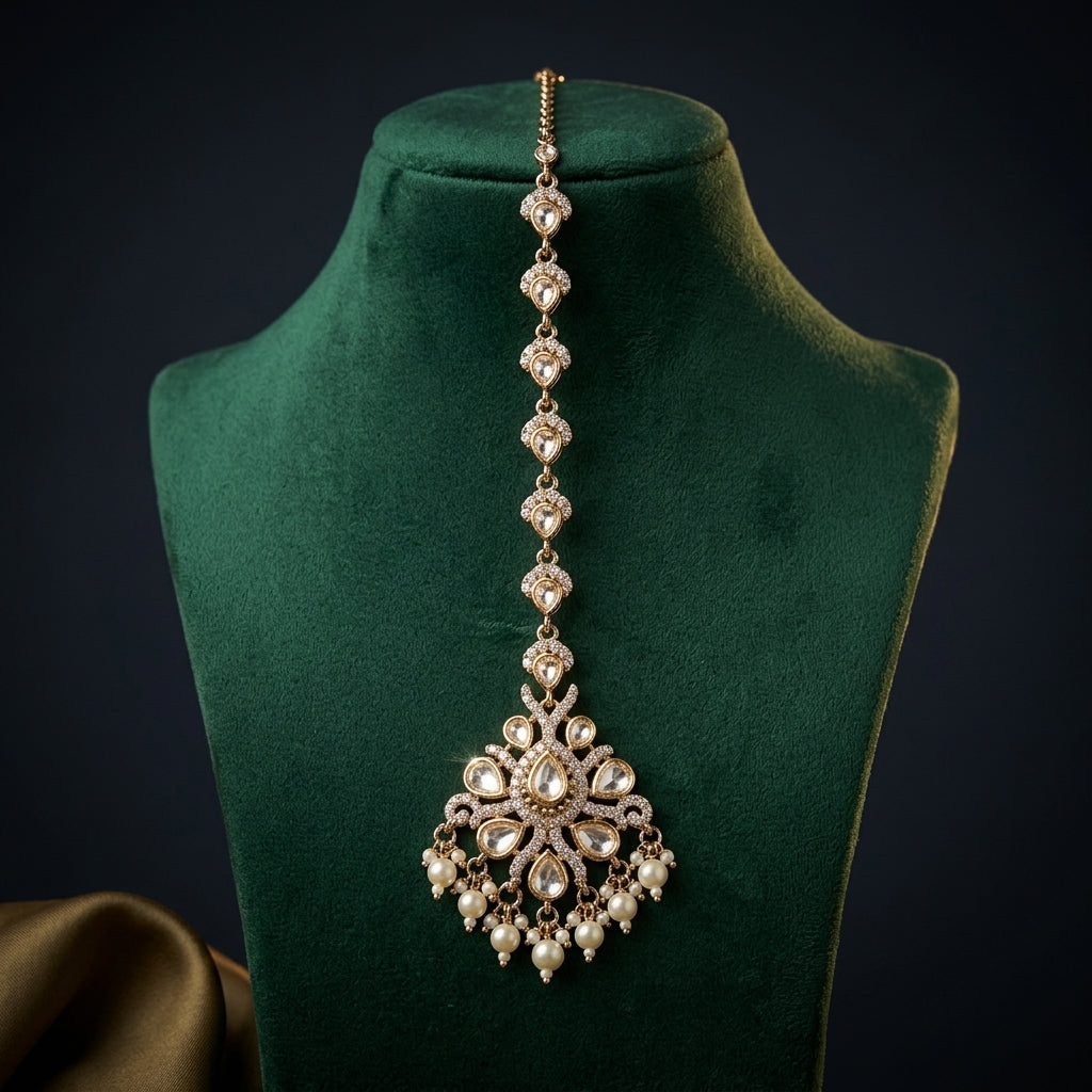 White and Pearl Floral Cluster Maang Tikka - Mannequin